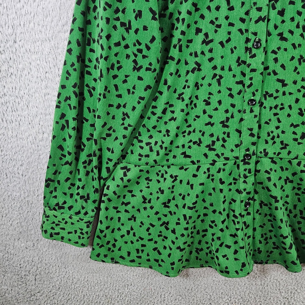 Susan Graver Green Black Abstract Print Peplum Button Front Blouse Womens Medium - Picture 2 of 9